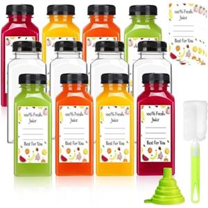 Leaflai Bottiglie di succo in plastica con tappi, 12 pezzi, contenitori riutilizzabili per succhi da 350 ml, con coperchio a prova di manomissione, nero, trasparenti, per succhi di frutta, latte, frullati