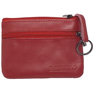 BAWAKO Portamonete in vera pelle, tre scomparti, chiusura con cerniera, adatto per carte e monete, con portachiavi mini portafoglio, universale(Rosso)