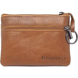 BAWAKO Portamonete in vera pelle, tre scomparti, chiusura con cerniera, adatto per carte e monete, con portachiavi mini portafoglio, universale(Marrone chiaro)
