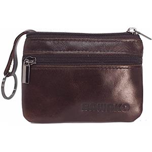 Bawako - Portamonete in vera pelle, portafoglio portamonete piccolo, con 2 scomparti, cerniera e portachiavi, per uomo e donna, marrone, s