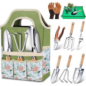 Kynup Set da Giardinaggio 9 Pezzi, Attrezzi da Giardino in Acciaio Inossidabile Antiruggine con Manici in Legno Ergonomici Antiscivolo - Ideale per Trapianti, Potatura e Set Giardinaggio Regali