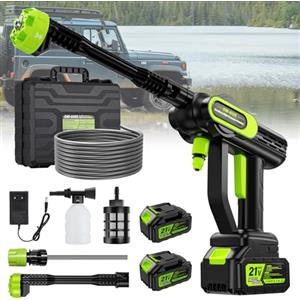 finade Idropulitrice a Batteria, Idropulitrice Portatile 100 Bar con 2 Batterie 4000mAh, Uscita acqua da 14 mm, Ugello 6 in 1, Tubo 5 M e Scatola Portaoggetti per Giardino, Auto e Pulizie Esterne