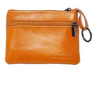 BAWAKO Portamonete in vera pelle, tre scomparti, chiusura con cerniera, adatto per carte e monete, con portachiavi mini portafoglio, universale(Arancione)