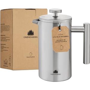 Groenenberg French Press 350ml (2 Tazze) l Caffettiera francese in acciaio inox l Caffettiera pistone con filtri di ricambio e funzione termica