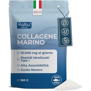 RAIBU Collagene Marino in Polvere - 100% Puro, 10.000 mg di Collagene Idrolizzato Tipo I per Porzione - Integratore per Capelli, Pelle e Ossa - Non Aromatizzato, 350 g - Senza Magnesio Stearato né Glutine