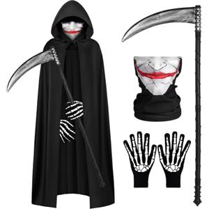 AOOWU Mantello Nero con Cappuccio, 4PCS Mantelli Lungo Unisex Halloween Mantello di Nero, Mantello Lungo per Adulti Costume di Halloween Carnevale Capo Masquerade, Serie Horror(150cm)