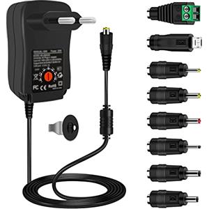 cshare 30W Alimentatore Universale CA a CC 3V 4,5V 5V 6V 7,5V 9V 12V 1A 2A,Cshare Adattatore Multitensione con Porta USB 5V 2A e 8 spine CC per LED Strip Router CCTV Cameras TV Box WLAN Router,2000mA max