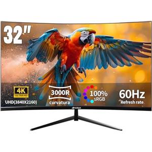 CRUA Monitor curvo 4K da 32 pollici, pannello VA 3000R, UHD 3840x2160 con HDR10, sincronizzazione adattiva, 100% sRGB, display Eye Care per giochi, lavoro e intrattenimento - HDMI e DP