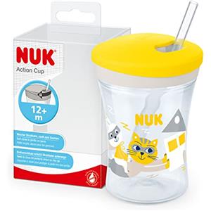 NUK Action Cup bicchiere con cannuccia per bambini | 12+ mesi | Coperchio con chiusura ad avvitamento e cannuccia morbida | A prova di perdite | Senza BPA | 230ml | gatto giallo