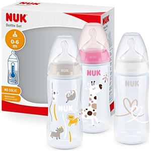 NUK First Choice+ set biberon | 0-6 mesi | Controllo temperatura | Sfiato Anti-Colica | Senza BPA | 300 ml | Tettarella in silicone | 3 pezzi | giraffa rosa