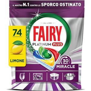 Fairy 30 Minuti Miracle Detersivo Pastiglie Lavastoviglie, 74 Capsule, Limone, Il Nostro N.1 Contro Lo Sporco Ostinato, Potente Anche Nei Cicli Brevi, MEGA Pack