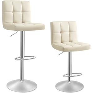 SONGMICS Set di 2 Sgabelli da Bar, Sedie Girevole Regolabili in Altezza con Rivestimento in PU, Sedie da Cucina con Schienale e Poggiapiedi, Sala da Pranzo, Bancone, Acciaio, Beige Sabbia LJB064K03