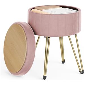 SONGMICS Sgabello Pouf Contenitore, Cassapanca Rotonda, Sgabello Toeletta in Velluto, 39 x 44,4 cm (Diam. x A), 4 Gambe in Metallo, Soggiorno Camera da Letto, Rosa Pastello LOM003R01