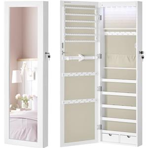 SONGMICS Specchio Portagioie con 6 Luci a LED, Alto 120 cm, Armadietto Portagioie da Parete o Porta con Chiusura e Specchio, 2 Cassetti, 10 x 37 x 120 cm, Bianco e Cappuccino Beige JJC093W01