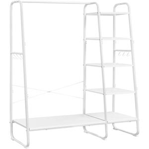 VASAGLE Stand Appendiabiti, Appendiabiti da Terra con Scarpiera, 5 Ripiani Portaoggetti, 6 Ganci Laterali, Camera da Letto, Soggiorno, Corridoio, Industriale, Bianco Nuvola e Bianco Opaco RGR116W02