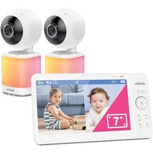 VTech Baby monitor video con schermo LCD a colori da 7", 2 telecamere, telecamera orientabile con zoom, luce notturna multicolore touch, ninne nanne e suoni rilassanti, Divisione schermo: VM7468-2
