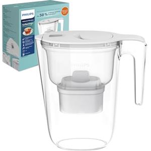 Philips Water Filtro caraffa +4 cartucce filtranti di ricambio Anticalcare+, FINO AL 50% IN PIÙ DI RIDUZIONE DELLA DUREZZA, flusso rapido, bianco, 2,6 litri, timer elettronico