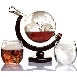 Kemstood Decanter whisky (850 ml) a forma di globo con 2 bicchieri - Set di decanter whisky personalizzato per liquori, bourbon, vodka, in confezione regalo di alta qualità - Accessori da bar per uomo
