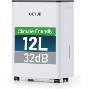 OKYUK Deumidificatore 12 litri/giorno, adatto per ambienti di circa 90 metri cubi (30 metri quadrati), Deumidificatore casa muffa, sbrinamento automatico, 32 dB, refrigerante R290, PD12R-03DE
