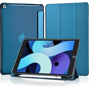 4UBonLife Cover Per iPad 9a/8a/7a Generazione 10,2 Pollici 2021/2020/2019 con Portapenna, Custodia Protettiva Sottile con Retro Rigido Traslucido Guscio Case per iPad 7/8/9, Blu Pavone