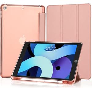 4UBonLife Cover Per iPad 9a/8a/7a Generazione 10,2 Pollici 2021/2020/2019 con Portapenna, Custodia Protettiva Sottile con Retro Rigido Traslucido Guscio Case per iPad 7/8/9, Oro Rosa