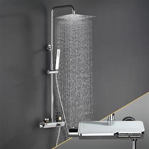 Görbach Acciaio INOX Colonna Doccia con Termostatico Colonna Doccia Rubinetto con Soffione con Miscelatore, Set Doccia a Pioggia con Doccetta Cromo(30×30cm Quadrato)