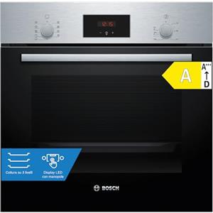 Bosch HBF114BS1 Serie 2, Forno da incasso, Cottura uniforme fino a 3 livelli, Manopole a scomparsa, Display digitale LED rosso, Idrolisi, Acciaio, 60 x 60 cm, Versione Esclusiva Amazon