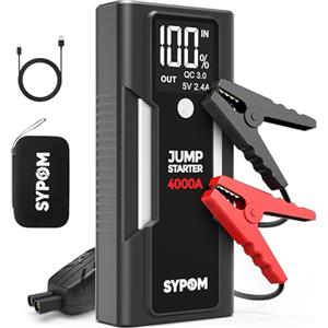 SYPOM Avviatore di emergenza SYPOM, avviatore di emergenza per batteria dell'auto con picco di 4000A (per tutti i tipi di gas o fino a 10L di gasolio), pacco batteria di avviamento per auto portatile