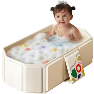 PinDaito Vasca da Bagno Pieghevole per Bambini, Multiuso e Salvaspazio, Adatta da 0 a 8 Anni, Vaschetta Bagnetto Neonato Pieghevole con Tappo di Scolo, Vasca da Bagno Portatile per Bambini (Beige)