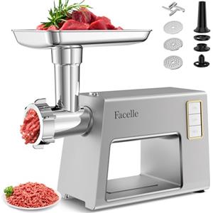Facelle Tritacarne Elettrico per un Uso Familiare, 2000 W Max, con 3 Piastre Abrasive in Acciaio Inox, 1 Cubo e 1 Tubo di Riempimento per Salsicce, Tritacarne per Hamburger, Kibbeh e Cibo per Cani