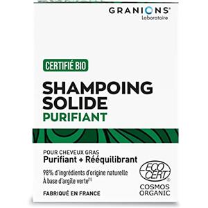 Granions Shampoo Solido Purificante E Riequilibrante per Capelli Grassi, Con Argilla Verde, Certificato Biologico, 98% di Ingredienti Naturali, Chioma Sana, Idratata, Non Appesantisce, Granions
