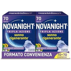 Novanight Tripla Azione Melatonina per Dormire, Integratori per Dormire, Disturbi del Sonno - Senza Glutine, con Melatonina, Escolzia, Passiflora, Melissa, Non Induce Dipendenza (70+70 Compresse)