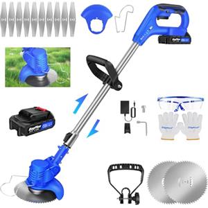 AUTOFU Decespugliatore a batteria, decespugliatore elettrico con batteria e caricabatterie, impugnatura regolabile, tubo telescopico, testina girevole a 90°, 10 lame, adatto per giardini, prati e arbusti