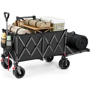 YEAUPE PRO Carrello Pieghevole con Ruote - Carrello Spiaggia con Ruote Grandi e Doppi Freni, Pannello Posteriore Apribile, per Campeggio, Pesca, Oggetti Lunghi, 200-300L, Nero Carbone