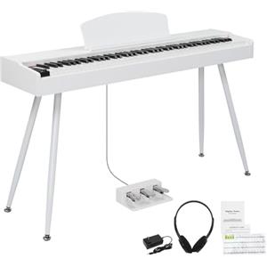 LEADZM Pianoforte Digitale a 88 Tasti con Supporto, Tastiera Completamente Pesata, Pianoforte Elettrico con MIDI USB, Altoparlanti Stereo, Sistema a 3 Pedali (Bianco)