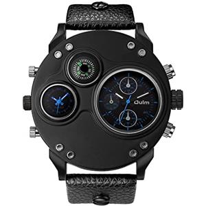 JewelryWe Orologio da Polso Grande Punky Militare Sport per Uomo, Bussola,Dual Time, Cinturino in Pelle Retro Vintage Gotico Quadrantini