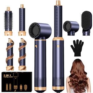 UKLISS Spazzola Asciugacapelli & Hair Styler 5 in 1, Airstyler con Arricciacapelli Automatico, Hair Dryer, Spazzola ad Aria Calda, Spazzola Lisciante Capelli per Ricci, Volumizzante, Lisciante - Blu