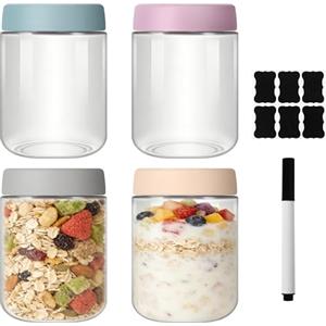 ACOMTUO 4 Pezzi Barattoli per Overnight Oats, 500ml Barattoli in Vetro, Barattolo di Vetro Ermetici con Coperchi, Vasetti Yogurt, per Conservare L'avena, Cereali, Insalata, Marmellate, Budino, Frutta, Succo