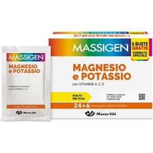 Massigen Magnesio e Potassio - Integratore Alimentare con Vitamine A, C, E - 24 6 Bustine Monodose Gusto Arancia Rossa