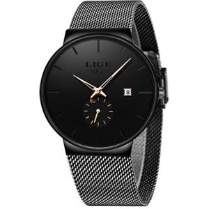 LIGE Uomini Orologio Ultra Sottile Orologio Al Quarzo Analogico Uomini Moda Acciaio Inossidabile Impermeabile Orologio Da Cintura A Rete(Oro nero)