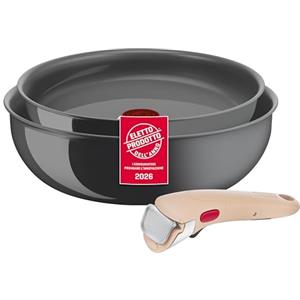 Lagostina Ingenio Vivissima, Set Padella 24cm e Wok 26cm in Ceramica Antiaderente con Manico Rimovibile Beige, Tecnologia Thermo-Signal, per Tutte le Fonti di Calore