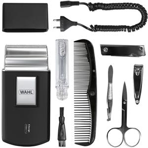 Wahl Travel Shaver Kit, ricaricabile, lamina flessibile, include spazzolino da denti, lima per unghie, forbici per unghie, pinzette, pettine, perfetto per i viaggi, piccolo, custodia da viaggio