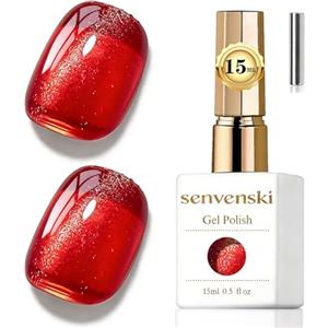 Senvenski Gelatina Vetro Cat Eye Smalto Semipermanente, 15ML Occhi di Gatto Magnetica per Gel Unghie Kit Olografico Glitterato Cristallo Smalti Unghie Salon Home DIY (Tangerino Rosso, 0.5fl oz)