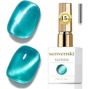 Senvenski Gelatina Vetro Cat Eye Smalto Semipermanente, 15ML Occhi di Gatto Magnetica per Gel Unghie Kit Olografico Glitterato Cristallo Smalti Unghie Salon Home DIY (Teal, 0.5fl oz)