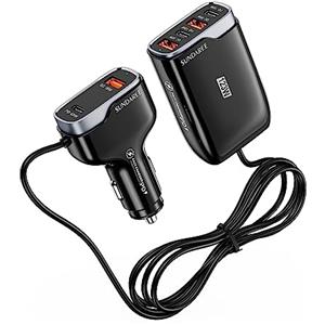 SUNDAREE Caricatore Auto 6 Porte,123W 12V 24V Multi USB C Carica Rapido Fast Charge 1.75M Cavo Sedile Posteriore Accendisigari Caricabatterie Cellulare for Samsung S25/iPhone 17/Redmi Note 14/Macbook