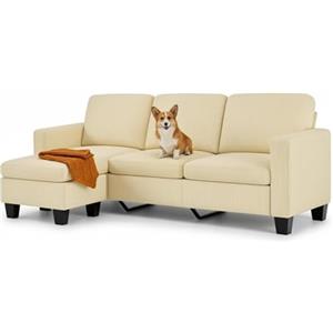 Xbro Divano angolare 3 posti a L con chaise longue fissa, imbottitura in spugna ad alta resilienza, tessuto in cotone e lino traspirante per soggiorno moderno, Giallo beige
