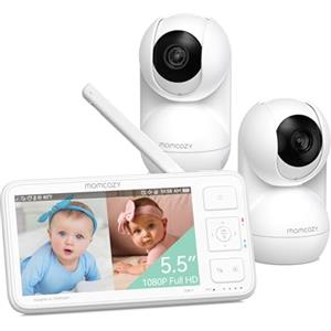 momcozy Baby Monitor 5.5" Full HD 1080P con 2 Telecamere, Schermo Diviso, Senza WiFi, Batteria 5000mAh, Visione Notturna, Portata 500m