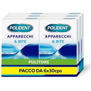 Polident Apparecchi & Bite, Pulitore per Protesi Dentale, Allineatori, Paradenti Sportivi, Bite Anti Bruxismo, Pacco da 6x30 compresse