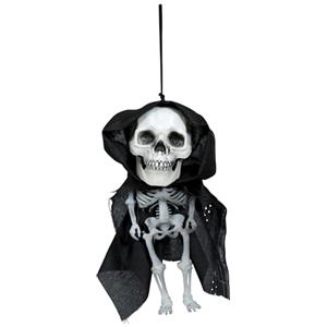 FIESTAS GUIRCA | Decorazione Scheletro Pendente - 15 cm - Nero/bianco | Stile Stilizzato | Testa Oversize | Mantello Incluso | 15 cm | Poliestere e PVC | Halloween, Carnevale, Feste a Tema