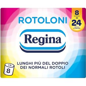 Regina Rotoloni Regina - 8 Maxi Rotoli di Carta Igienica, 500 Fogli a 2 Veli, Lunghi Più del Doppio dei Normali Rotoli, Confezione 50% in Plastica Riciclata, Carta 100% Certificata FSC